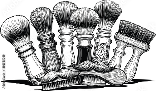 Black and white of six shaving brushes and a comb mustache grooming