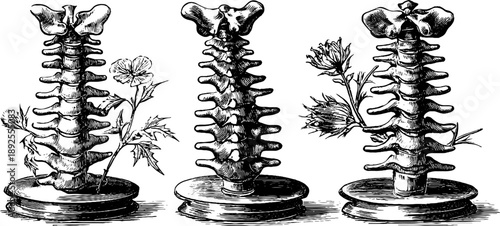 Vintage botanical study of human spine with vertebral column engraving for educational design