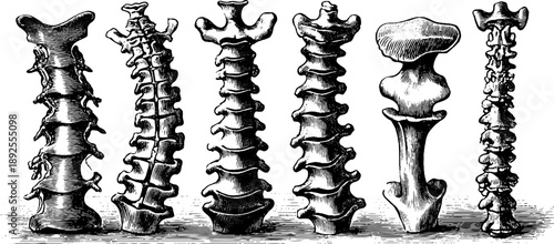 Vintage botanical study of human vertebral column - hand drawn spine engraving for educational design