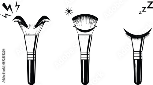 Black and white of three makeup brushes with one explosive and one sleepy