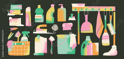Household appliances. Hand drawn cleaning supplies and tools, bucket of water, brushes and sponges for washing, detergents and air freshener. Home service concept.