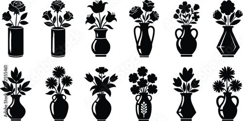 Black and white silhouettes of flowers in vases