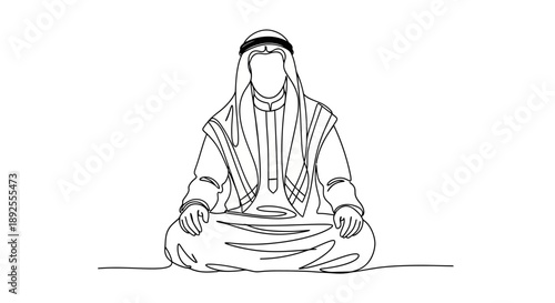 Experience serenity with this elegant line art illustration of a man in traditional Middle Eastern attire meditating peacefully, evoking feelings of calm and mindfulness.