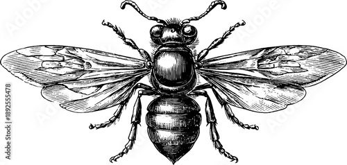 Insect fossil in stone - 19th century vintage botanical engraving design