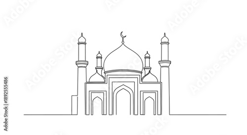 Simple yet elegant mosque architecture with domes and minarets, conveying peace and spirituality through clean lines and minimalist design