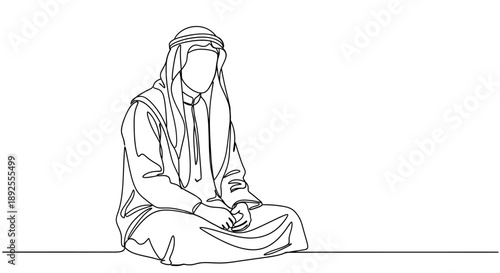 Experience serenity with this elegant line art illustration of a man in traditional Middle Eastern attire meditating peacefully, evoking feelings of calm and mindfulness.