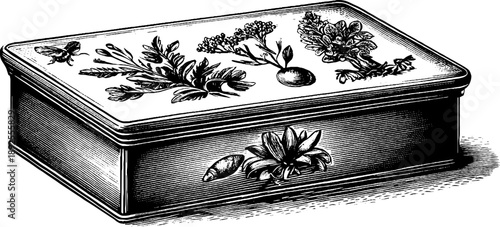 Vintage botanical jewellry casket design featuring decorative engraved elements for historical art reproduction