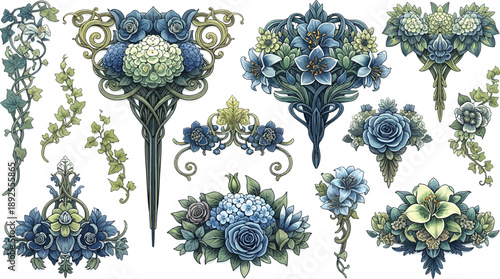 Blue and green floral with ornate details on white background flowers