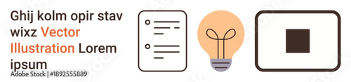 Creativity, organization, education, digital design, concepts, problem-solving. Minimalist icons include a light bulb, a document and a square. Creativity and organization concept