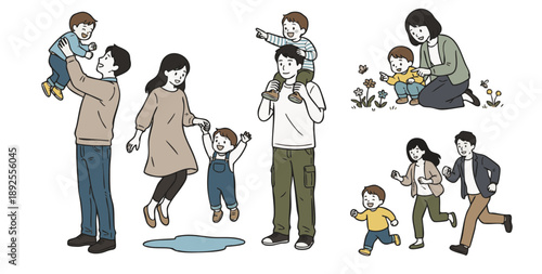 幼児と外遊びを楽しむ親子の日常シーンイラストセット