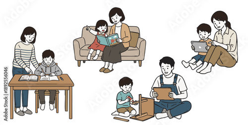 自宅で学習や読書・工作を一緒に楽しむ親子のイラストセット