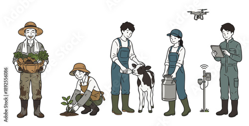 農業と酪農に従事する人々とスマート農業のイラストセット