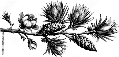 Vintage botanical engraving of larch branch with soft needles for retro design