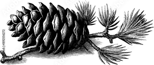 Vintage botanical study of larch cone engraving from 19th century
