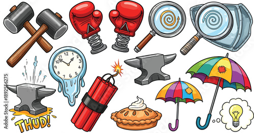 Cartoon of hammers gloves magnifying glass clock dynamite pie umbrella