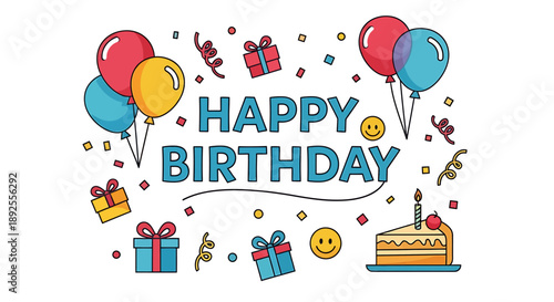 Cheerful Happy Birthday celebration graphic with colorful balloons, festive gift boxes, sparkling confetti, and a delicious cake slice, perfect for joyous moments