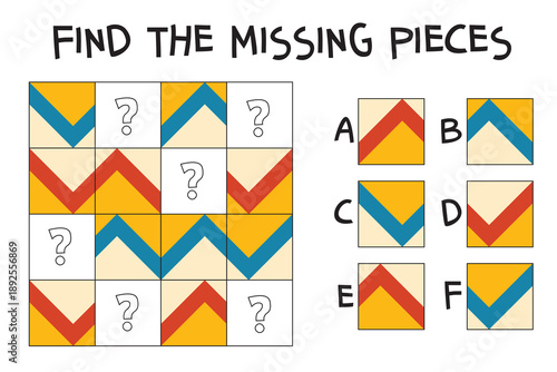 Find the piece puzzle. Complete the tiled pattern by choosing the correct square for each blank. Bright chevron grid that trains attention, pattern recognition, and spatial reasoning. Printable worksh