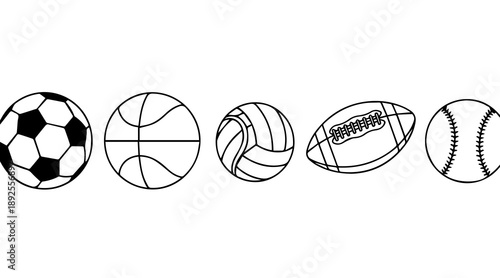 Set of five different sports balls icons outline drawing