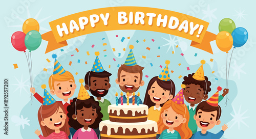 Vibrant Birthday Celebration Featuring a Diverse Group of Happy People Enjoying Cake, Balloons, and Festive Confetti