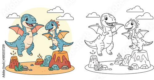 Cute cartoon dinosaurs playing in prehistoric landscape. Happy flying pterodactyls near volcanoes with clouds. Vector illustration for children nursery art and education.