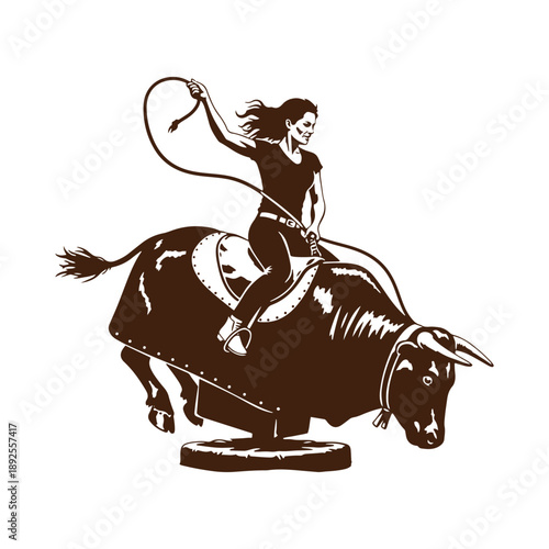 Woman riding mechanical bull with lasso
