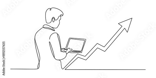 A single continuous line drawing of a person working on a laptop connected to a rising financial growth arrow Vector, illustration