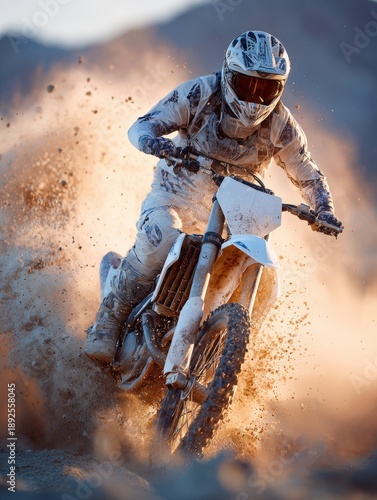 Camera follows a motocross rider leaning into a sharp turn, warm light illuminating the desert as super slow motion captures dirt particles suspended around the bike and distant mountains.