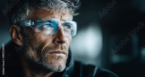 Portrait of a futuristic man wearing smart AR glasses while operating high-tech holographic control panels, digital data reflected in the visor, symbolizing advanced technology