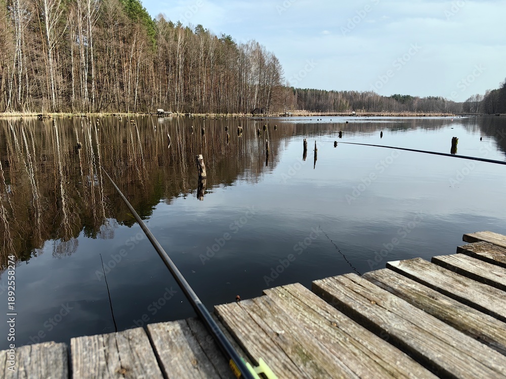 Obraz premium Spring fishing on the lake from a wooden bridge, fishing with a rod.