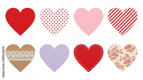 Heart shape set including solid red, polka dot, scalloped, striped, and floral patterns isolated. Valentines day and romantic wedding decoration collection.