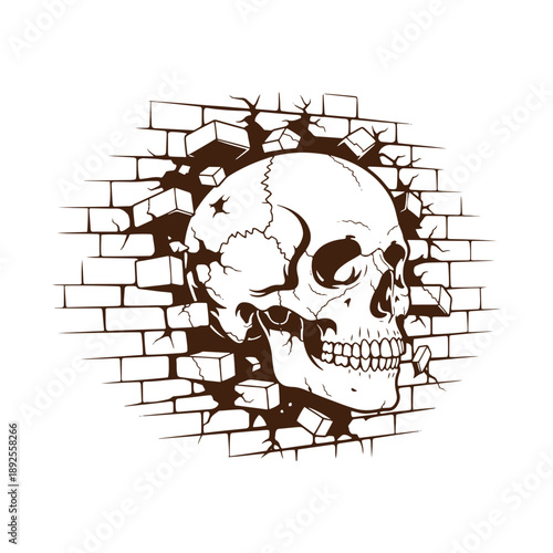 Skull breaking through brick wall illustration