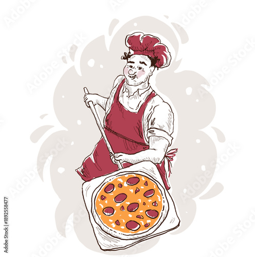 Сhef holds pizza on peel