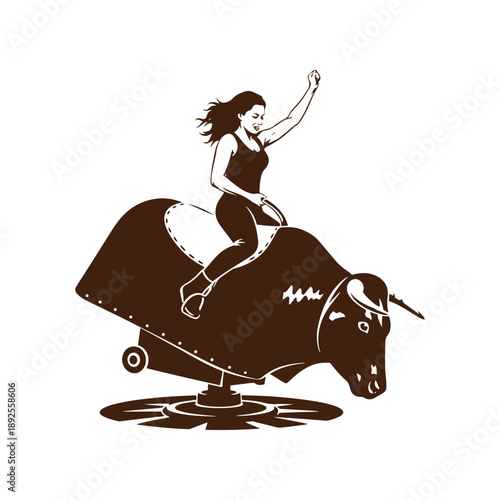 Woman riding mechanical bull in action