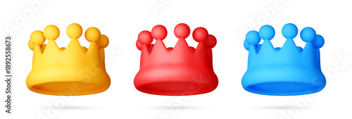 Set of 3D stock vector crowns icon in various colors. Royalty concept for king, queen, or prince. Icon for power, leadership, and success.