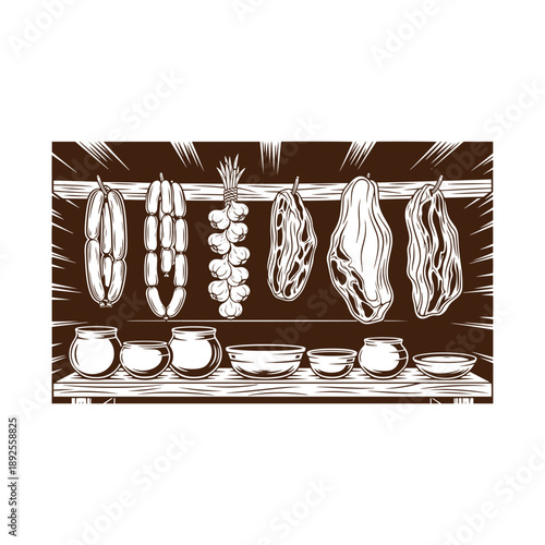 Traditional food preservation methods displayed on shelves