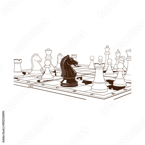 Chess game with black knight in the center