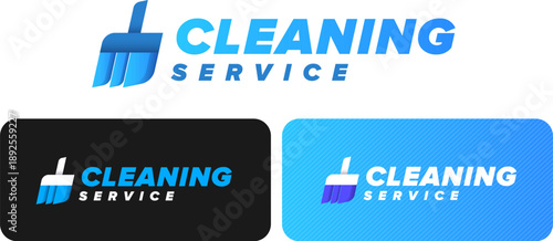 Modern cleaning service logo set with broom icon, professional janitorial and housekeeping branding identity templates on white, black and blue backgrounds.