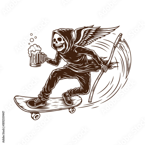 Grim reaper riding skateboard with beer