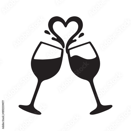 Clinking wine glasses with romantic heart splash silhouette vector on white background