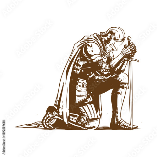 Knight sitting on ground with sword in hand