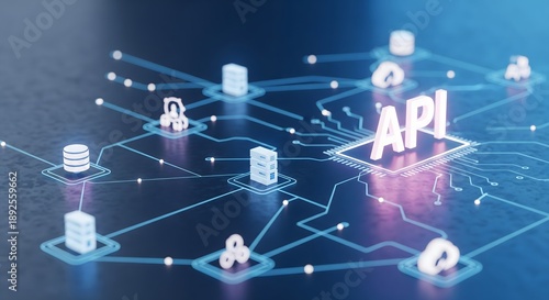 API Integration Concept with Digital Network Connections, Software Development and Data Exchange System, Cloud Computing, Web Services, Programming Technology and Modern IT Infrastructure