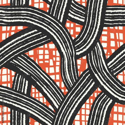 Contrast abstract seamless pattern. Maximalist dopamine print red black white strokes, mosaic chaotic crazy messy art. Contemporary  contrast design 