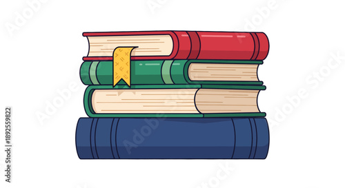 Educational stack of colorful hardcover books graphic with a yellow