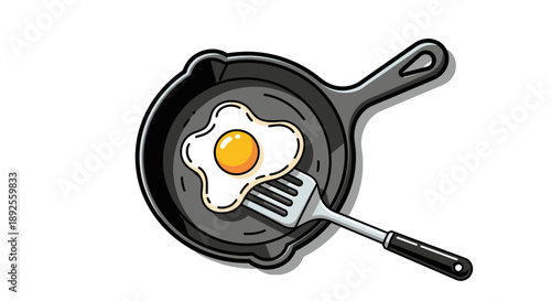 Classic fried egg cooking in a cast iron skillet with a kitchen