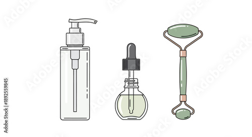Minimalist line art illustration of beauty skincare products set