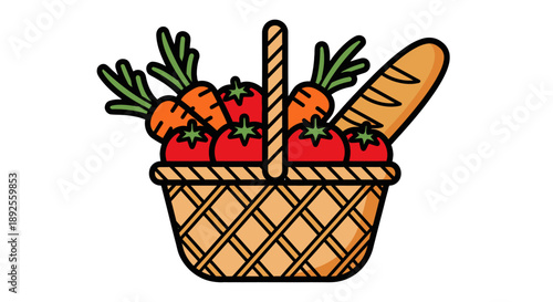Simple graphic icon of a picnic basket filled with fresh vegetables