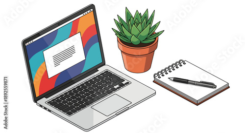 Modern isometric laptop and office supplies for remote work