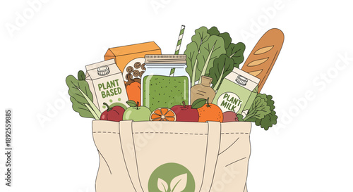 Eco friendly reusable bag overflowing with vibrant plant based vegan