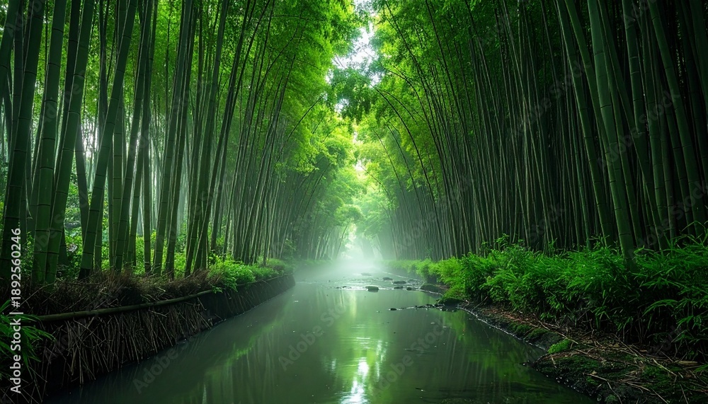 Fototapeta premium Serene river path winding through a misty green bamboo forest