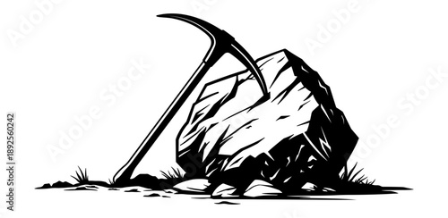 Black silhouette of a pickaxe leaning against a stone, without background.